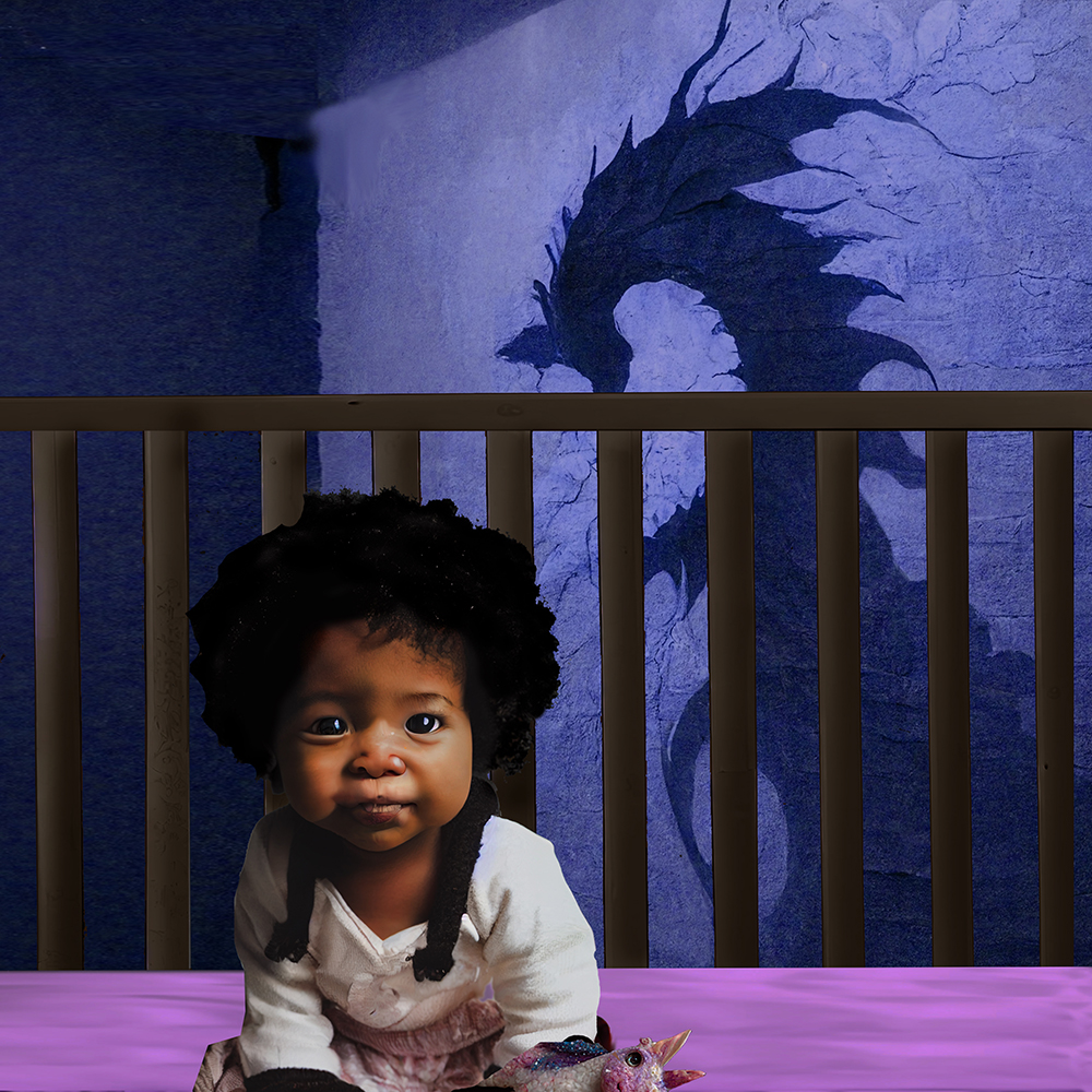 Aali and the Dragon: a baby in a crib menaced by the shadow of a dragon