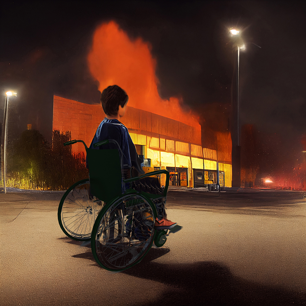 Boy in wheelchair watching fire at Hillcrest Hospital