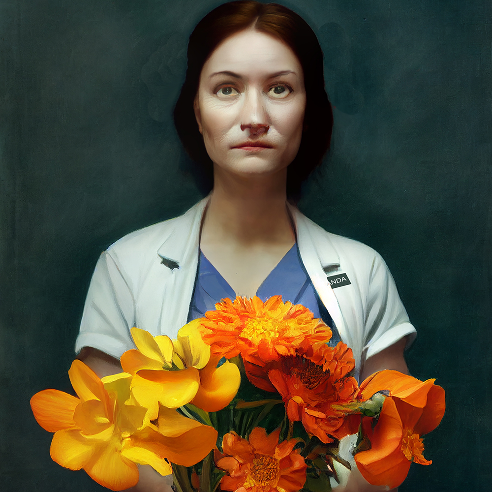 Nurse with Daisy's bouquet
