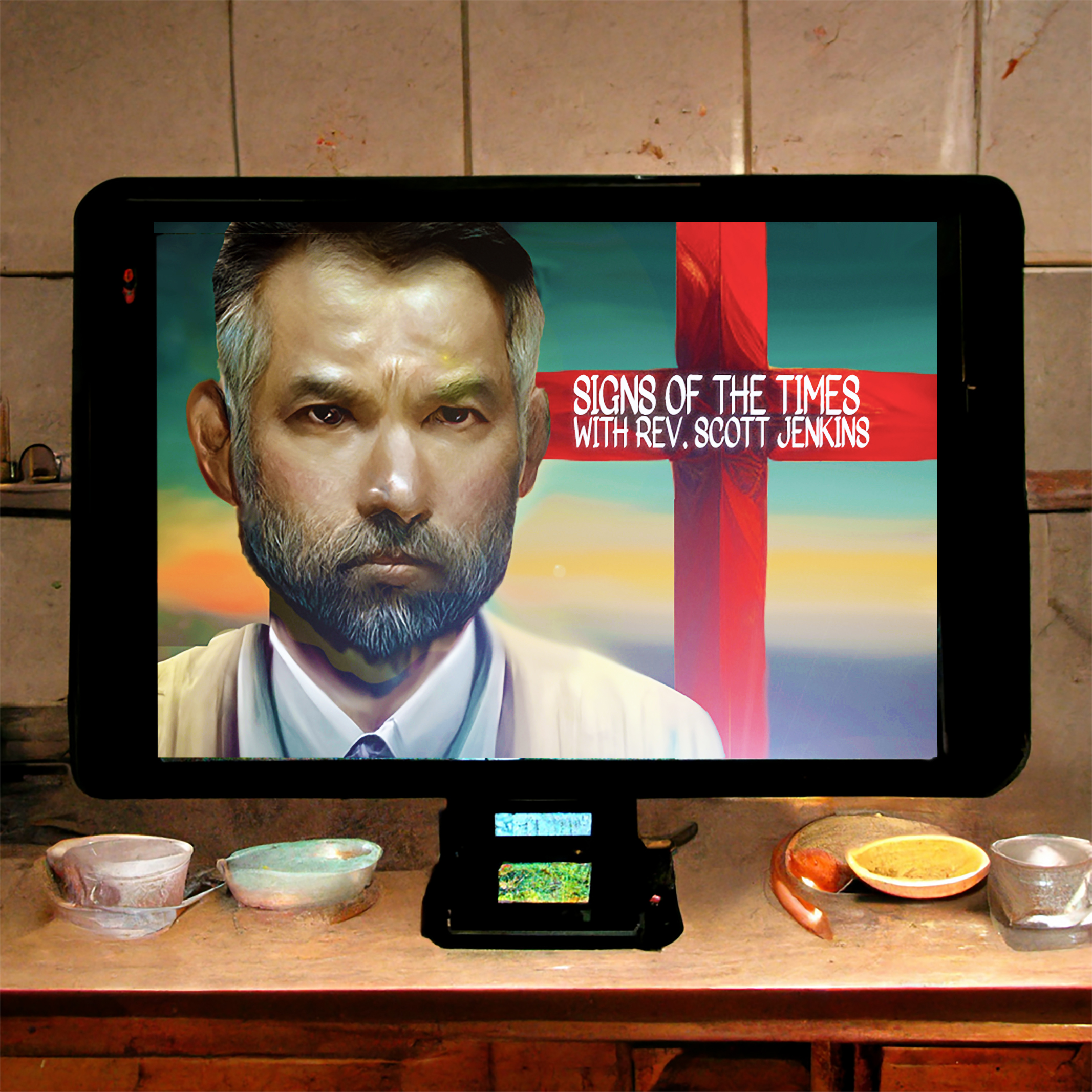 Rev. Scott Jenkins Signs of the Times video on a tablet in a kitchen