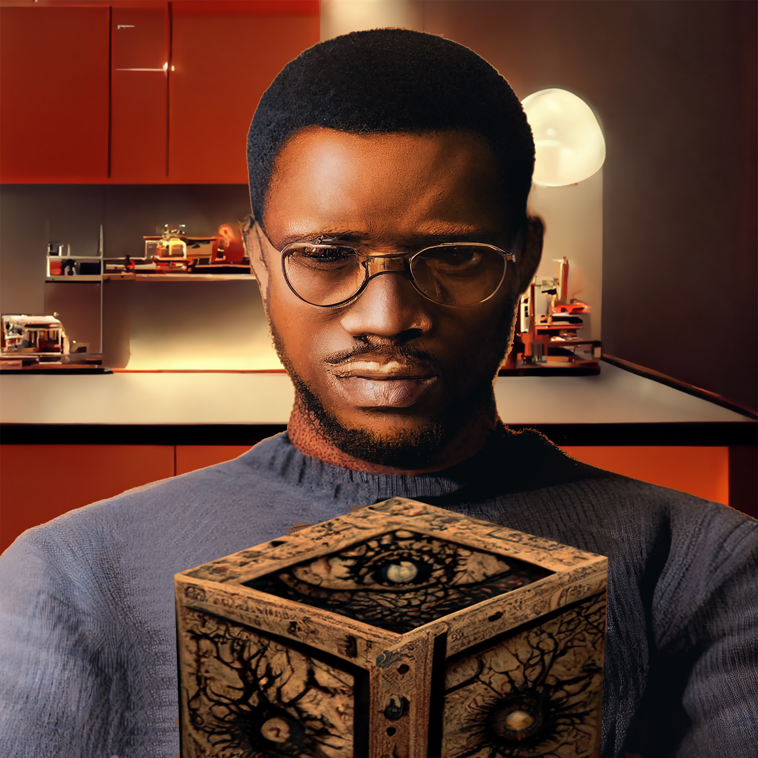 Man in kitchen staring at a wooden puzzle box.