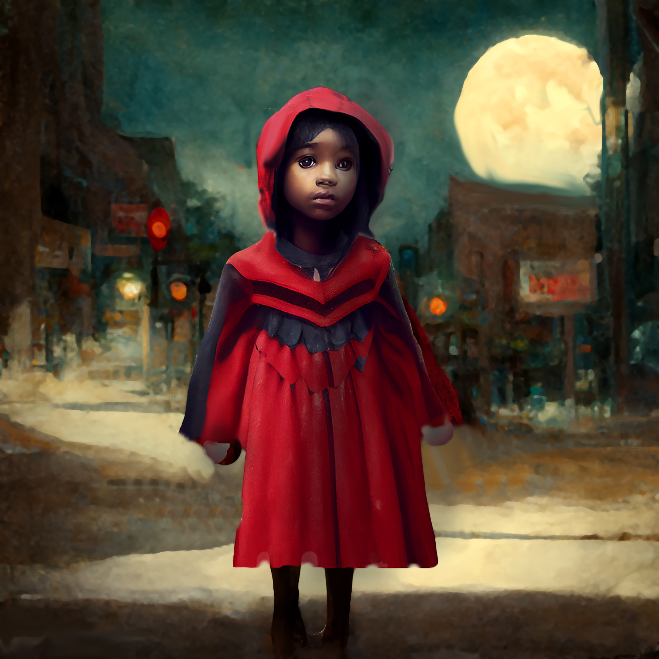 Girl dressed at Little Red Riding Hood on a small town Main Street at night
