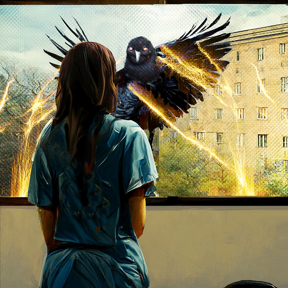 Girl watching through window as crow is hit by amber electrical sparks