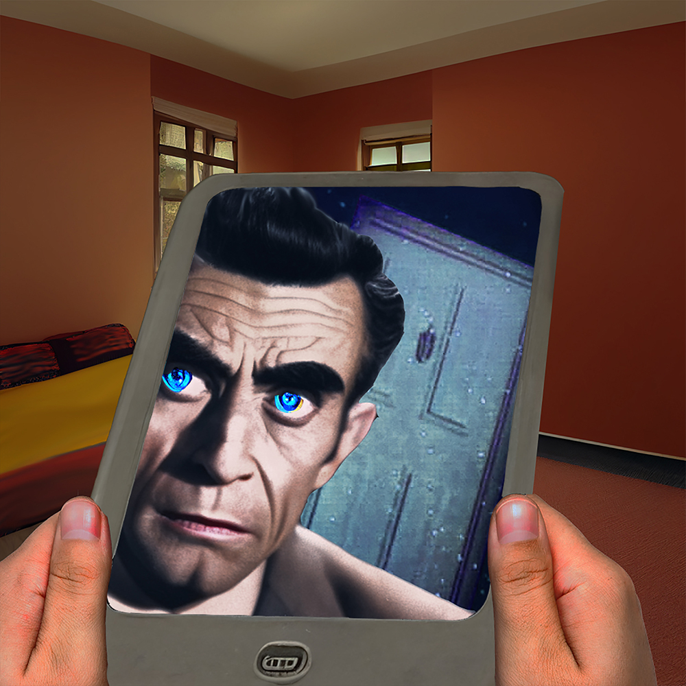 Raum as the Door Man in a computer tablet.