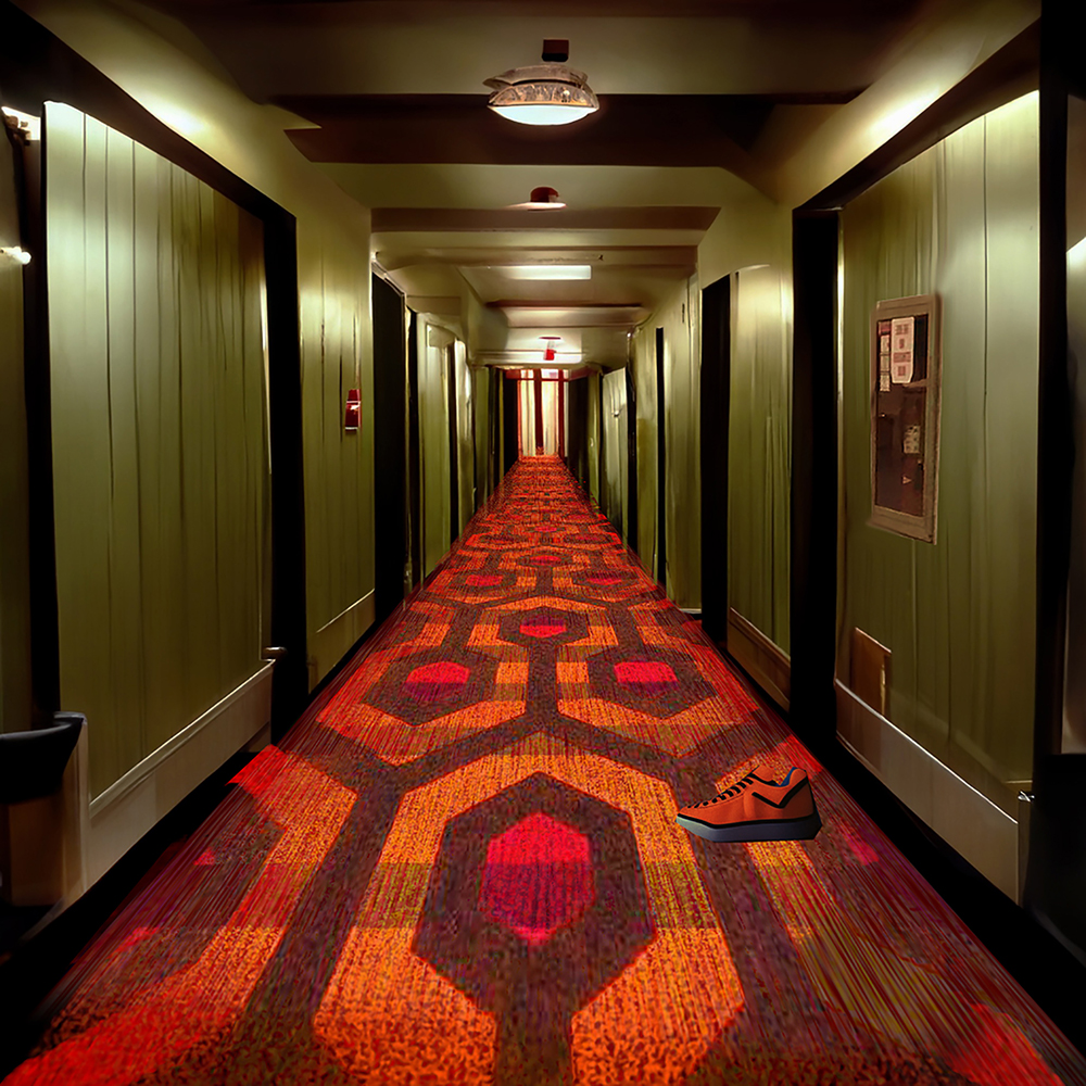 Hallway in the Grimshaw House with orange sneaker