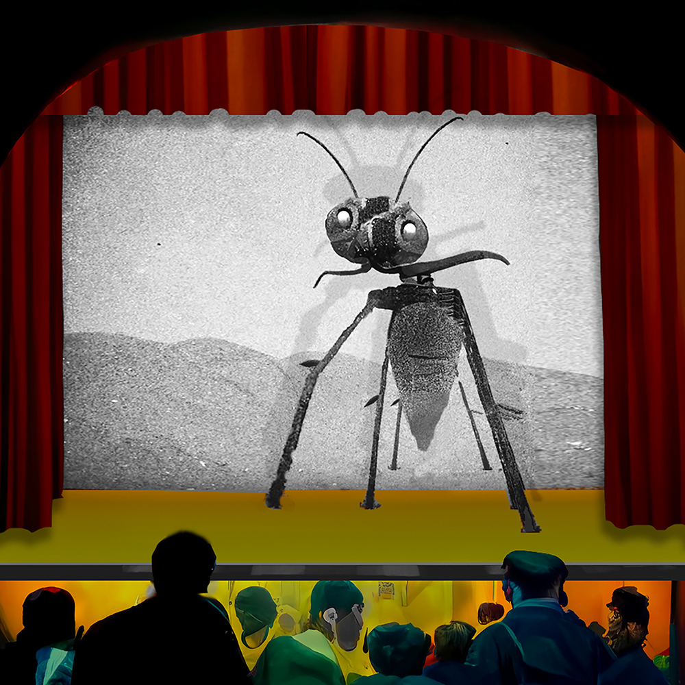 Ant climbing out of a movie screen