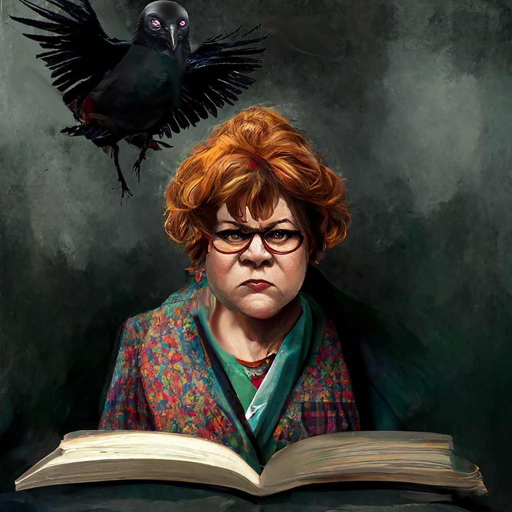 Librarian being attacked by a crow