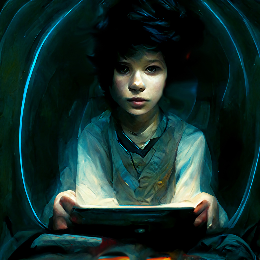 A boy with a tablet in a blue void