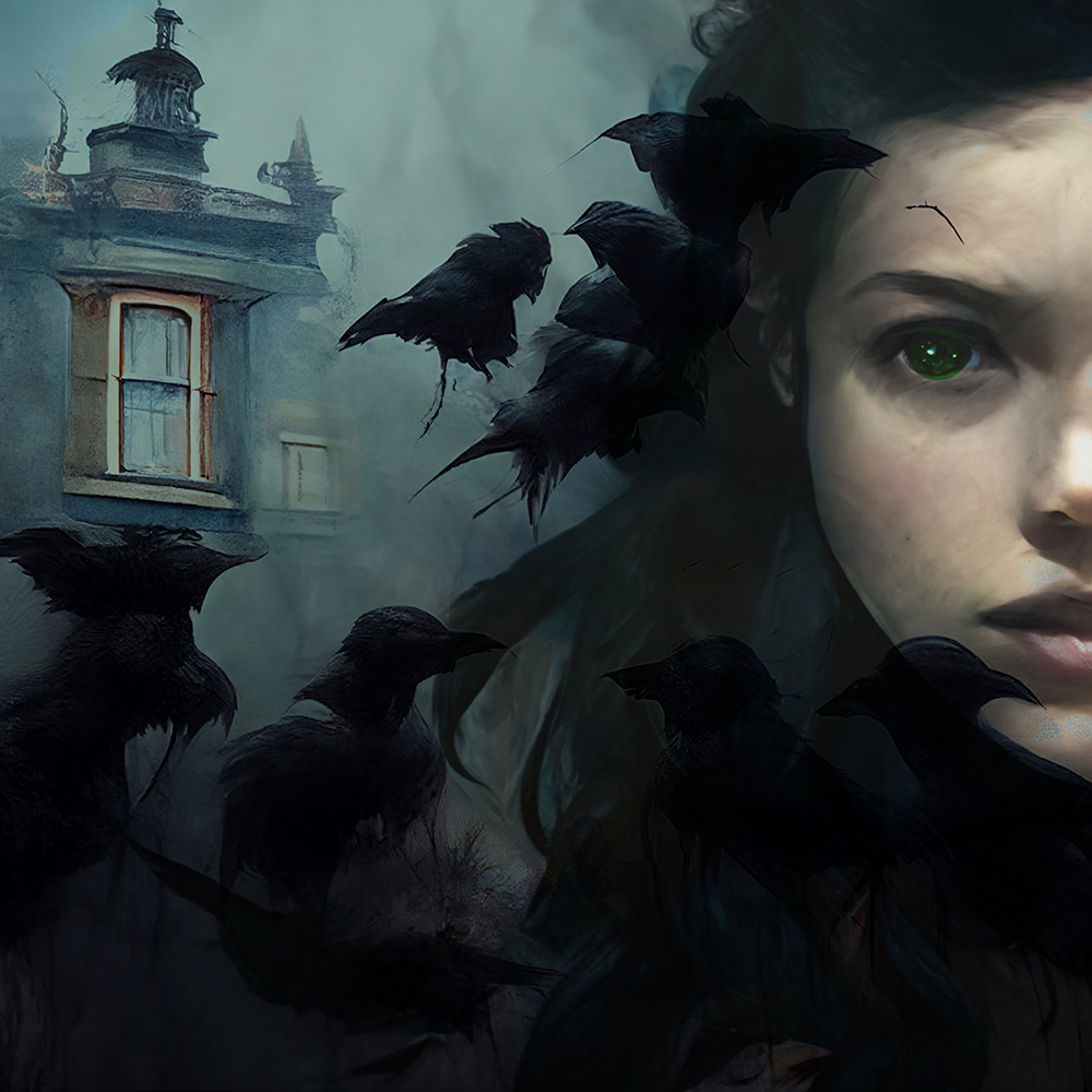 Girl being attacked by crows in front of a Victorian house.