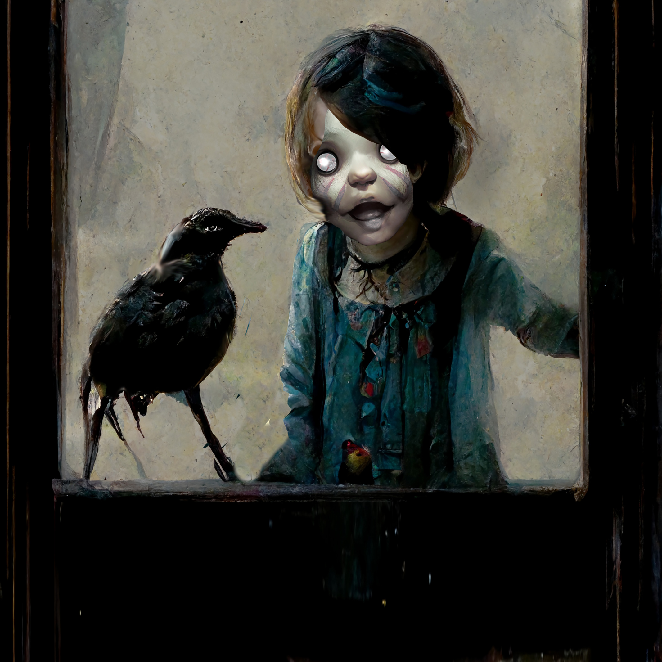 Scary girl at window with crow