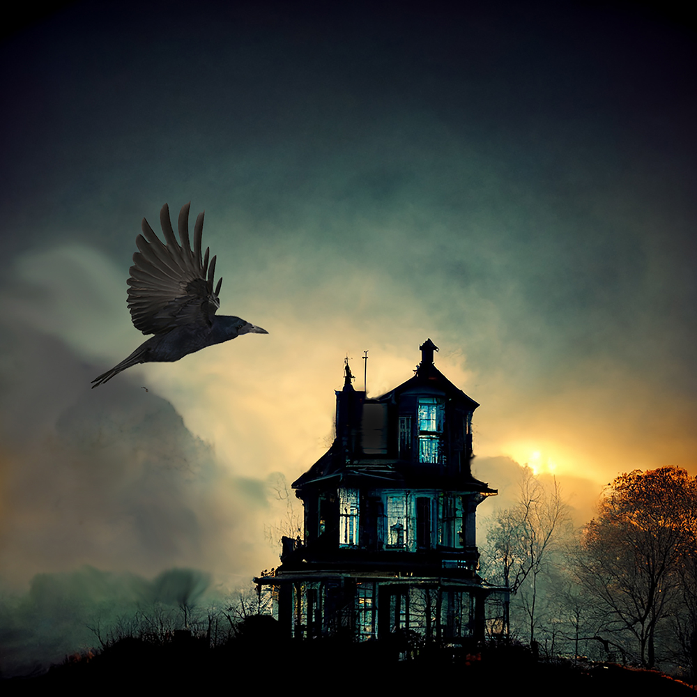 Crow approaching an old Victorian house