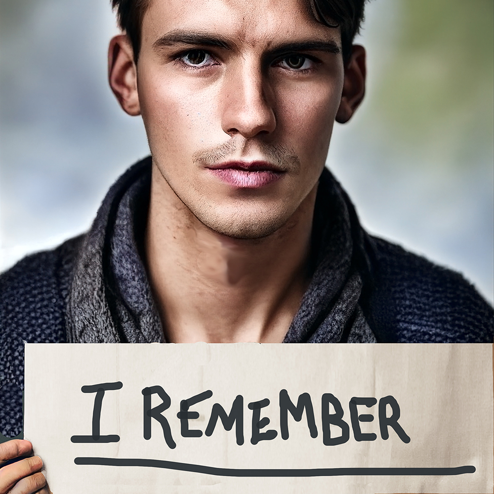 Handsome guy holding up a sign that reads I REMEMBER