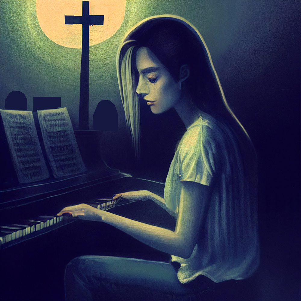 Woman playing piano in a graveyard