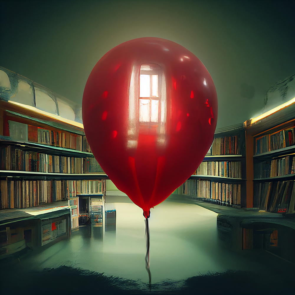 A red balloon in the aisle of a library