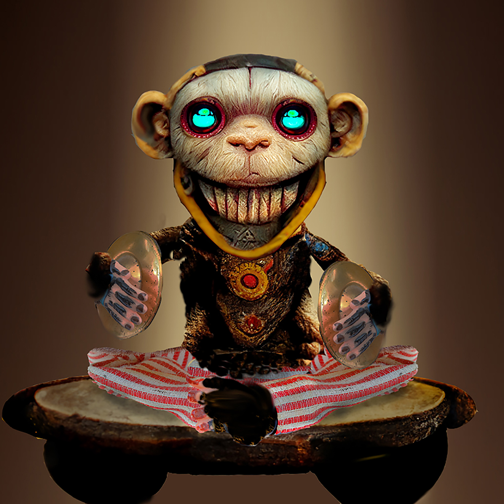 An evil toy monkey playing cymbals