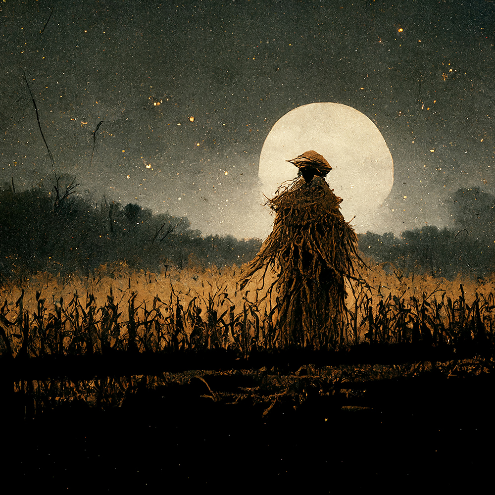 Scarecrow in a field at night