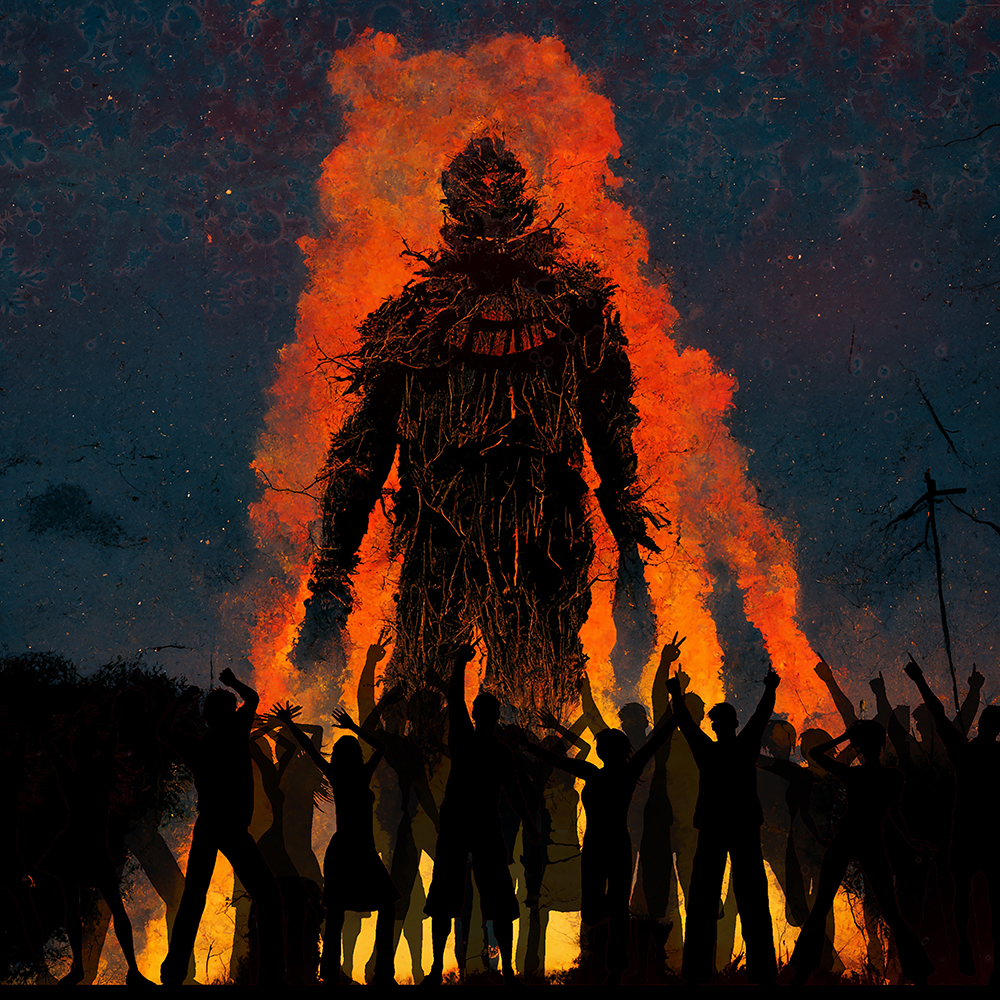 A burning wickerman with silhouetted dancers
