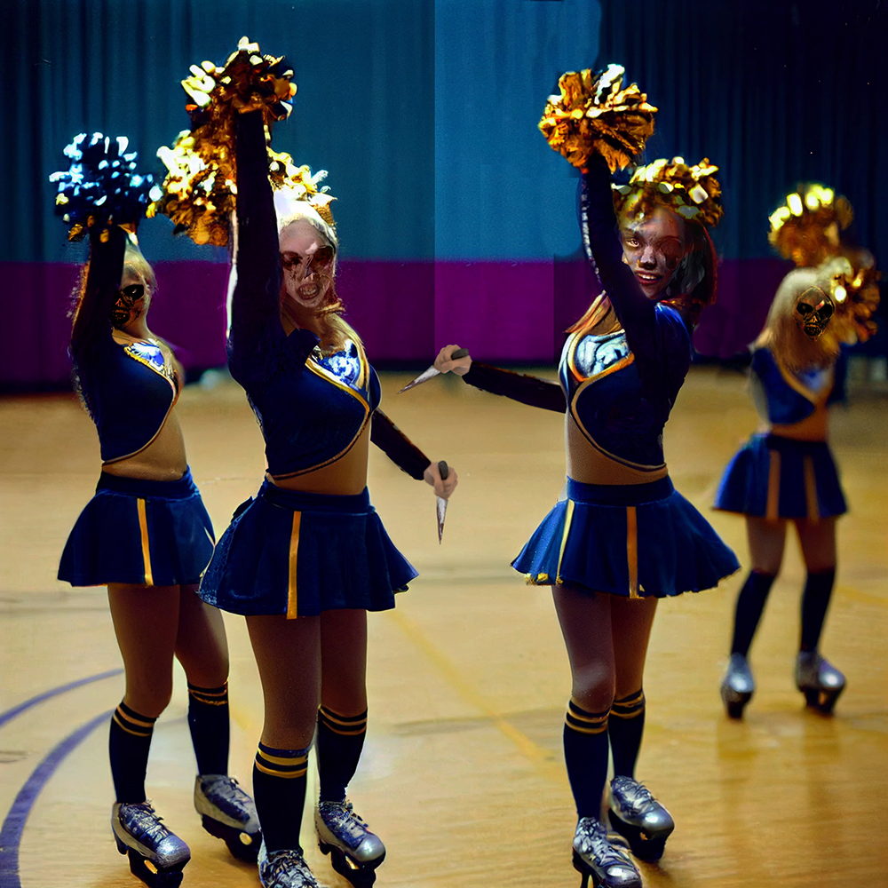 Zombie cheer squad on roller skates, carrying knives.