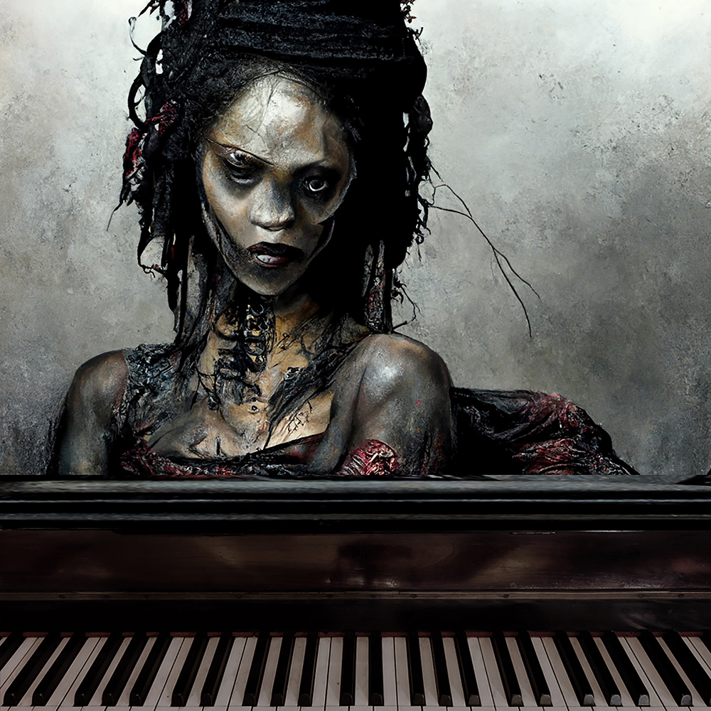 Zombie Carly: zombie woman inside piano