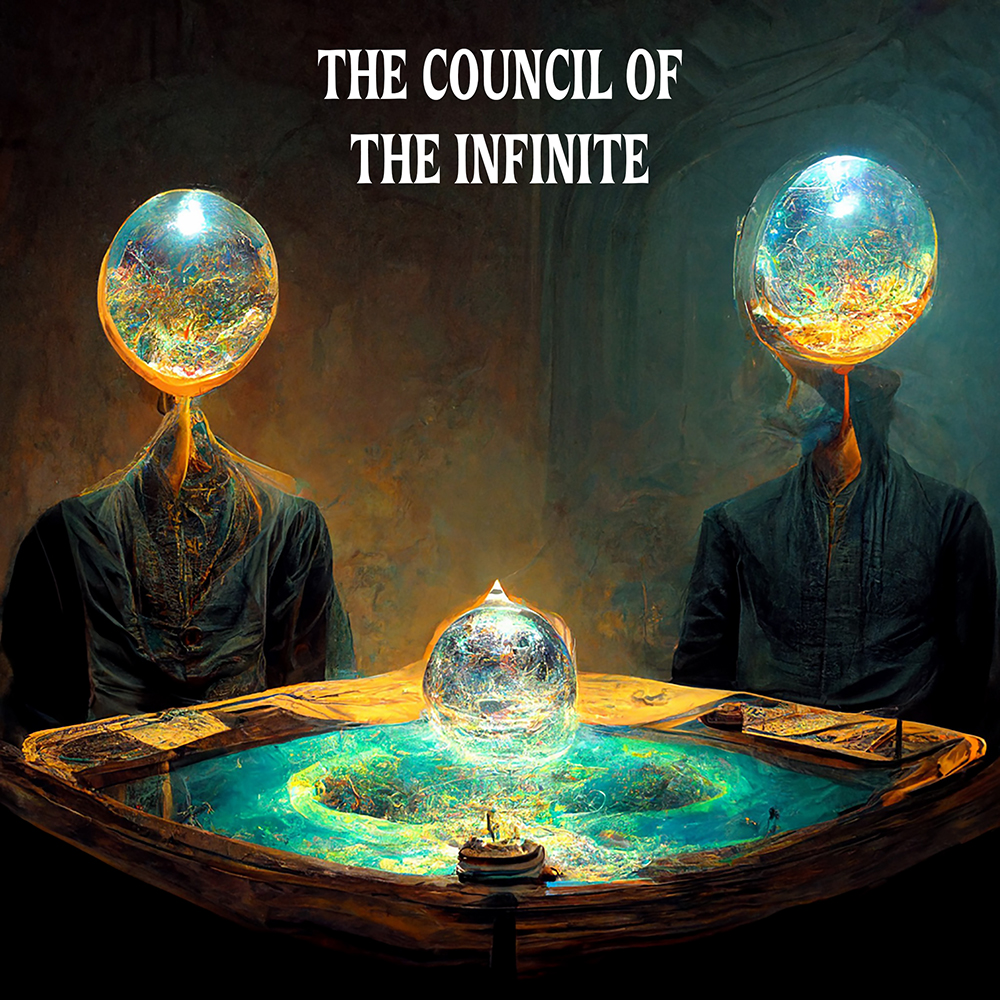 The Council of the Infinite: two surreal figures sitting at a table